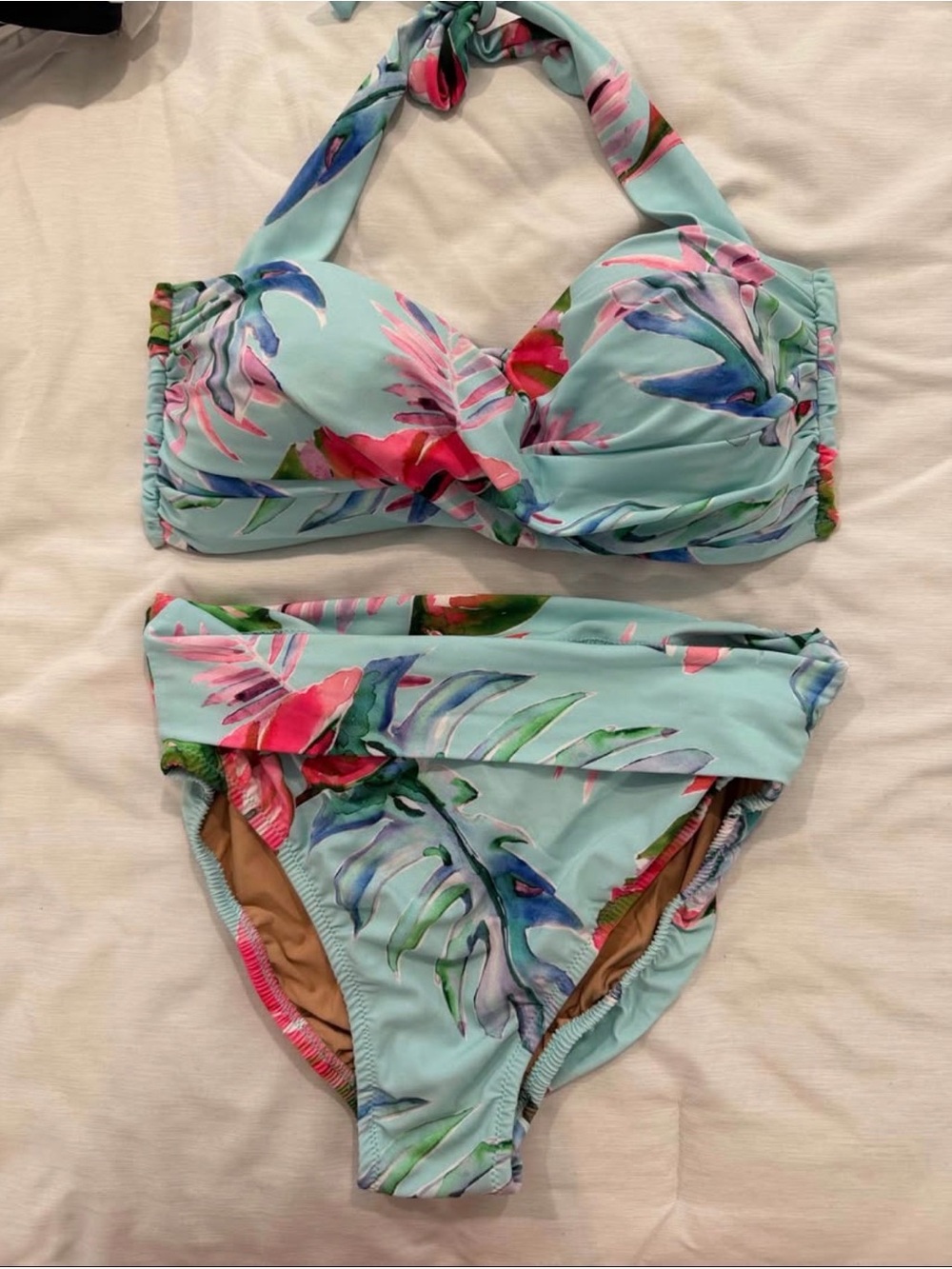 Light Blue Tropical Halter Bikini Set with Pink & Green Accents